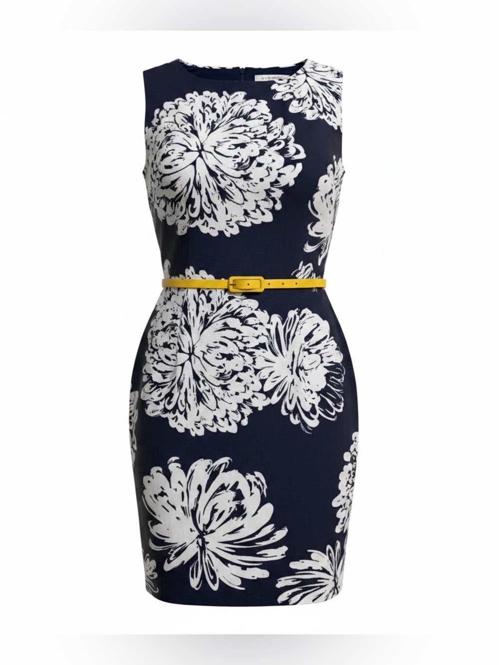 Evan Picone Navy Floral Sleeveless Sheath Dress with Yellow Belt